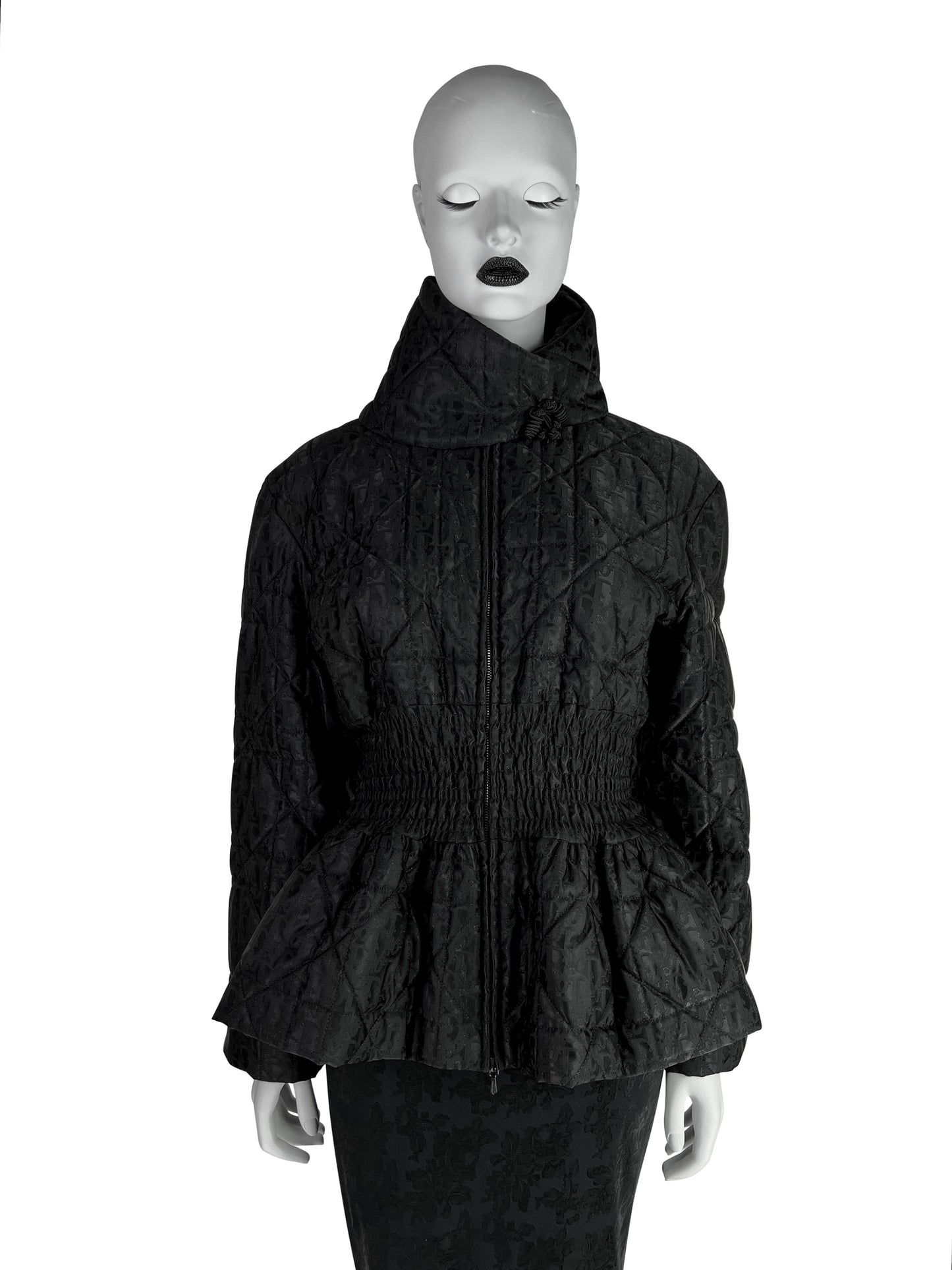 Dior by John Galliano Fall 1998 Black Peplum Monogram Jacket and Jacquard Evening Skirt Runway Ensemble