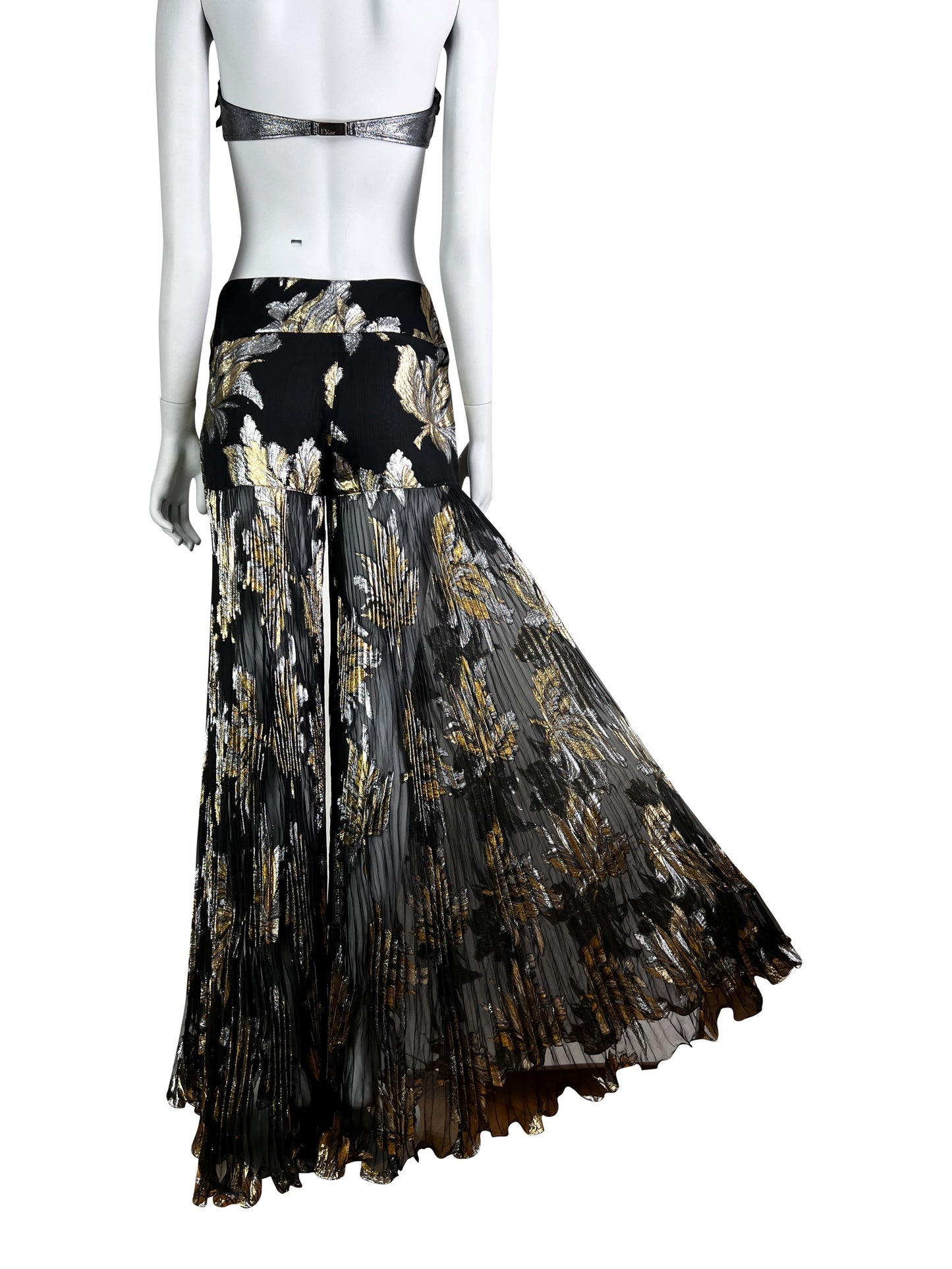 Dolce & Gabbana Fall 2000 Lamé Brocade Black Chiffon Silk Pleated Evening Trousers