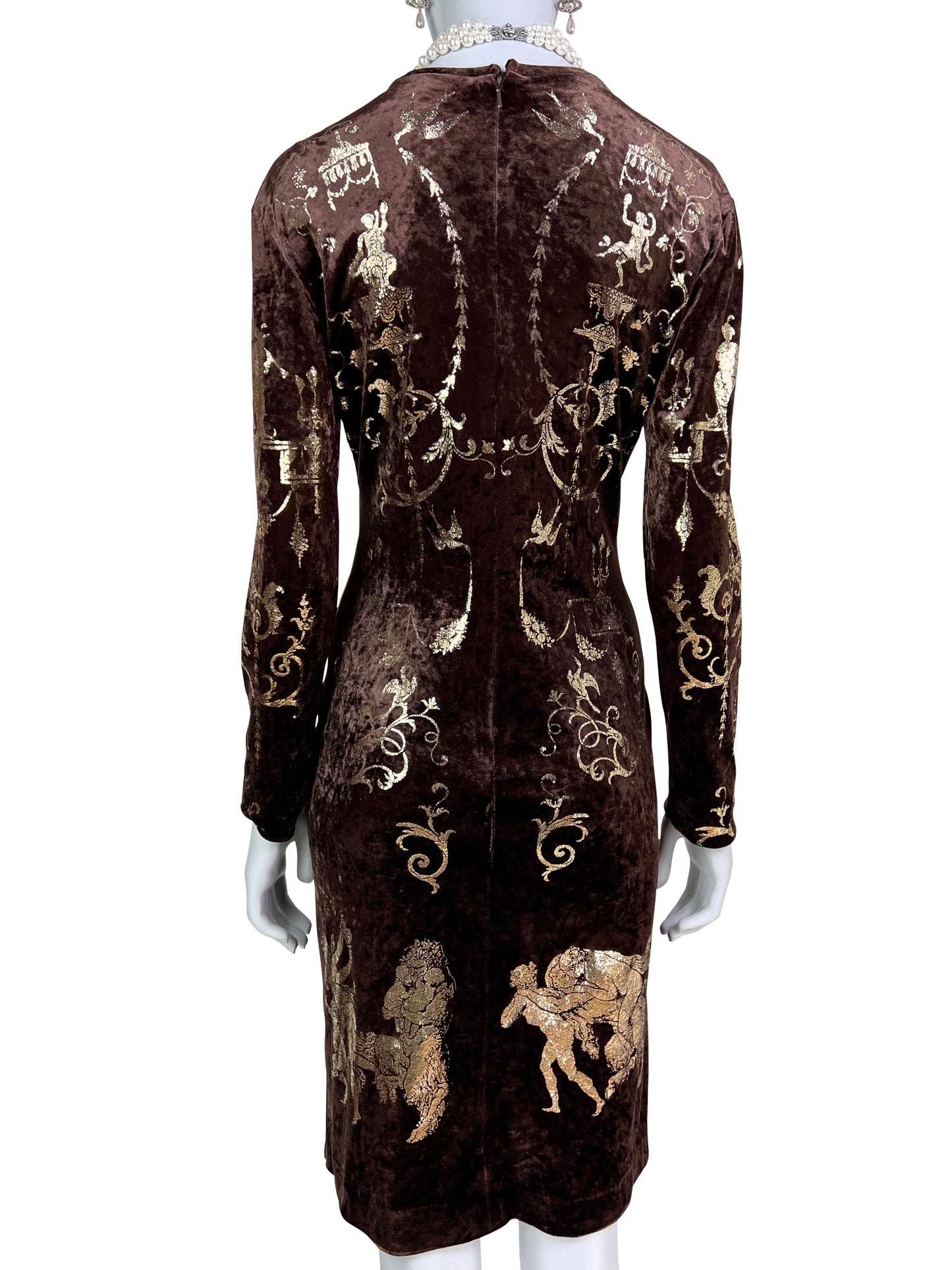 Vivienne Westwood Fall 1990 “Portrait Collection” Foiled “Boulle” Printed Velvet Bodycon Dress
