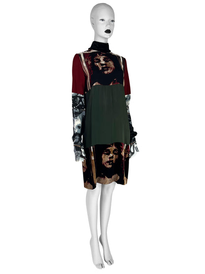 Jean-Paul Gaultier Fall 1997 Silk Tube Dress with Face Print Velvet Panels