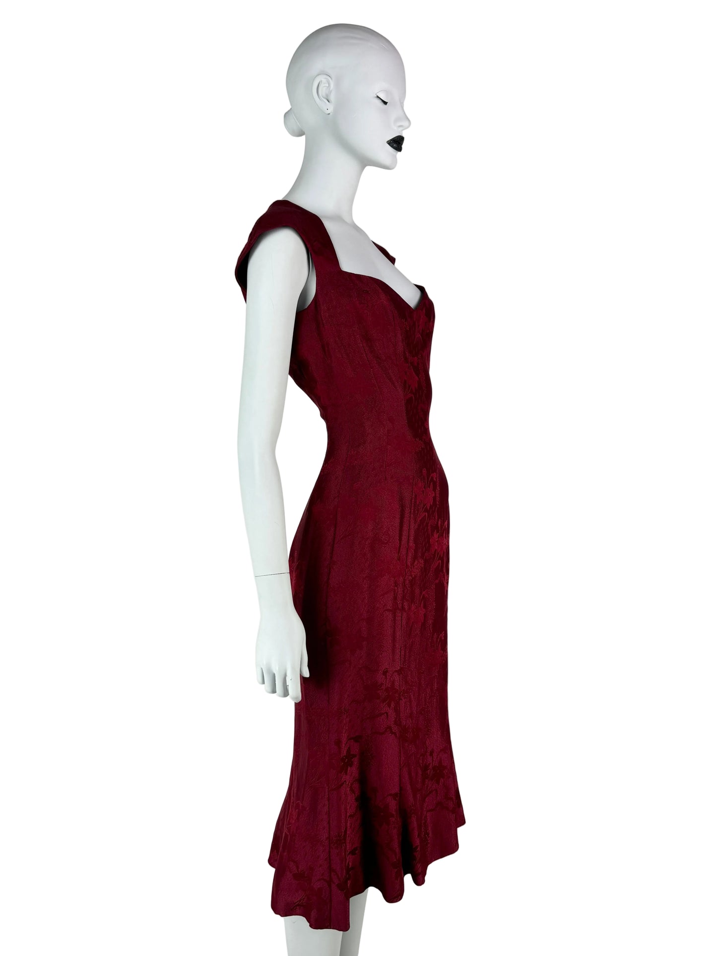 John Galliano Spring 1998 Wine Red Sweetheart Midi Dress