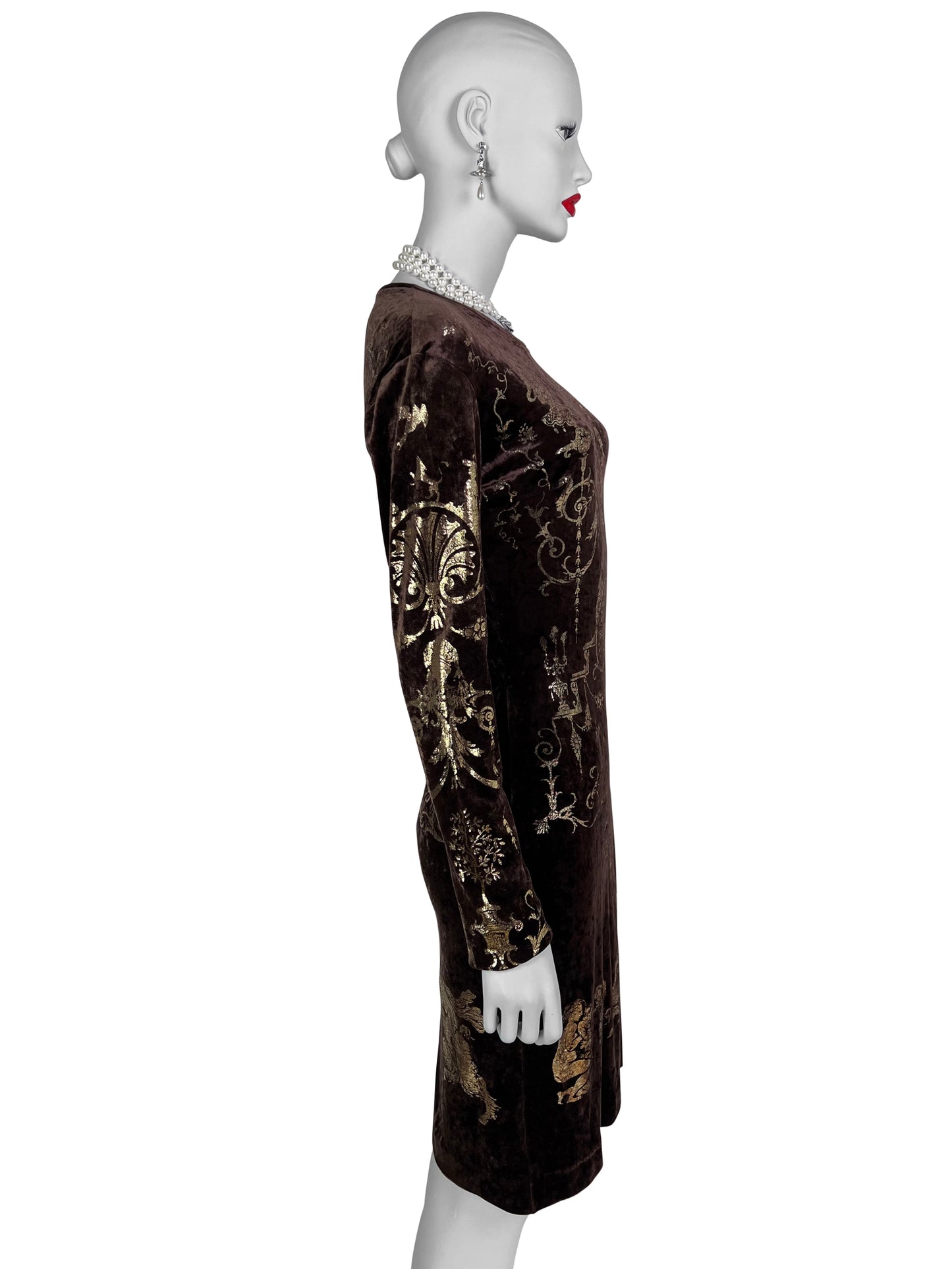 Vivienne Westwood Fall 1990 “Portrait Collection” Foiled “Boulle” Printed Velvet Bodycon Dress