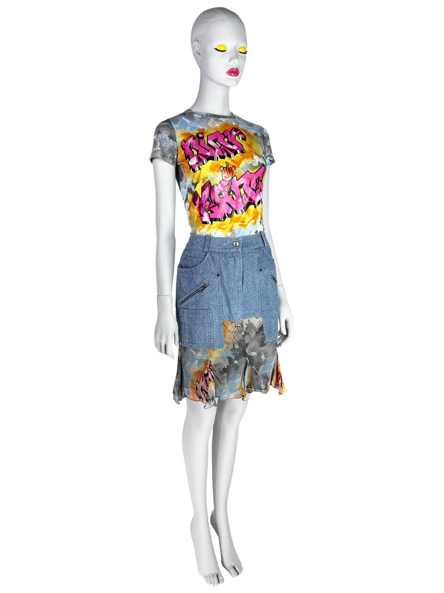 Dior by John Galliano Spring 2004 “Dior Kaos” Printed T-Shirt and Skirt Ensemble
