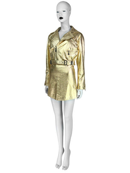 Gianni Versace Fall 1994 Metallic Gold Mock Croc Embossed Leather Motorbike Jacket & Mini Skirt Ensemble
