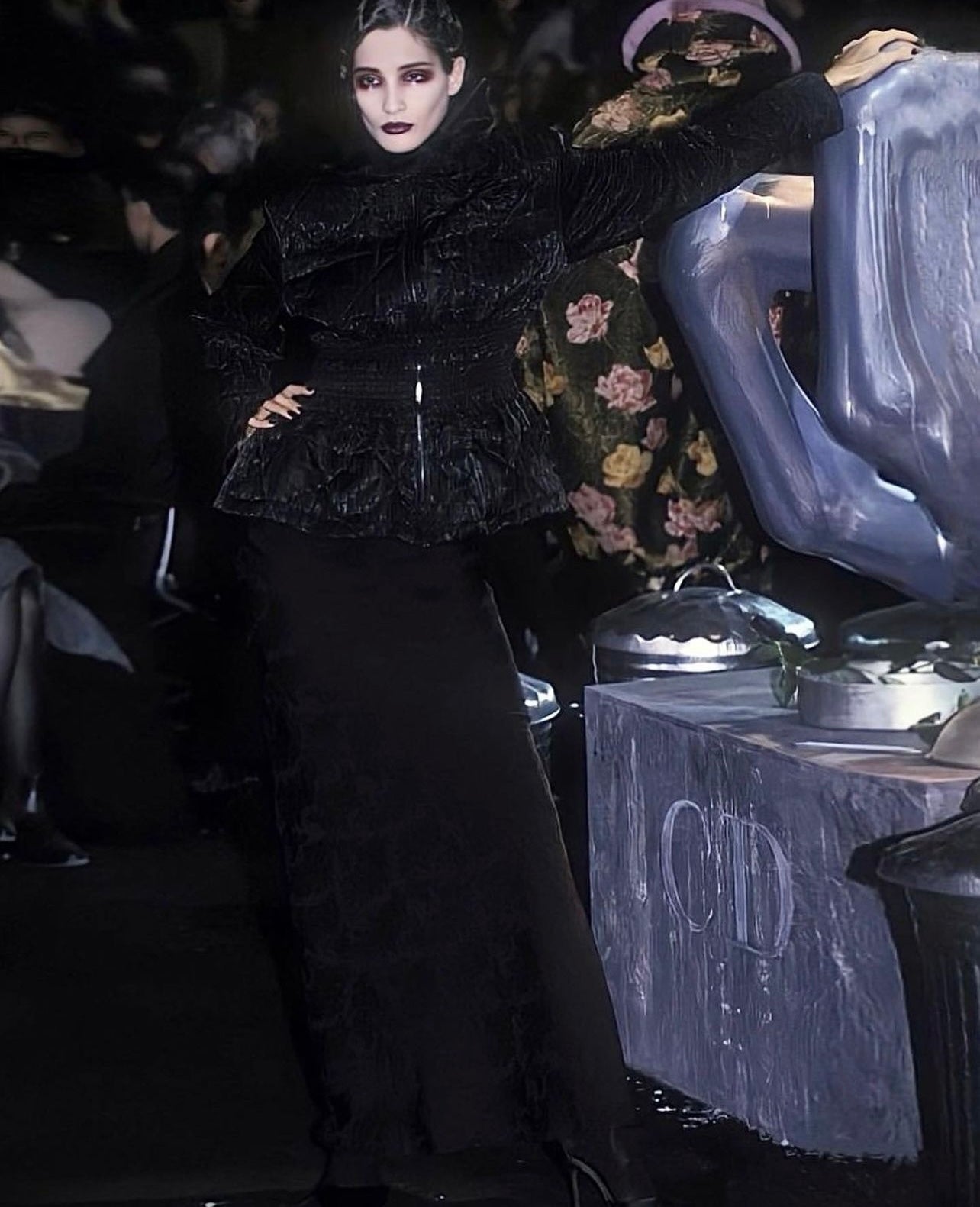Dior by John Galliano Fall 1998 Black Peplum Monogram Jacket and Jacquard Evening Skirt Runway Ensemble