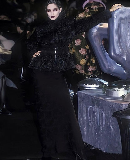 Dior by John Galliano Fall 1998 Black Peplum Monogram Jacket and Jacquard Evening Skirt Runway Ensemble