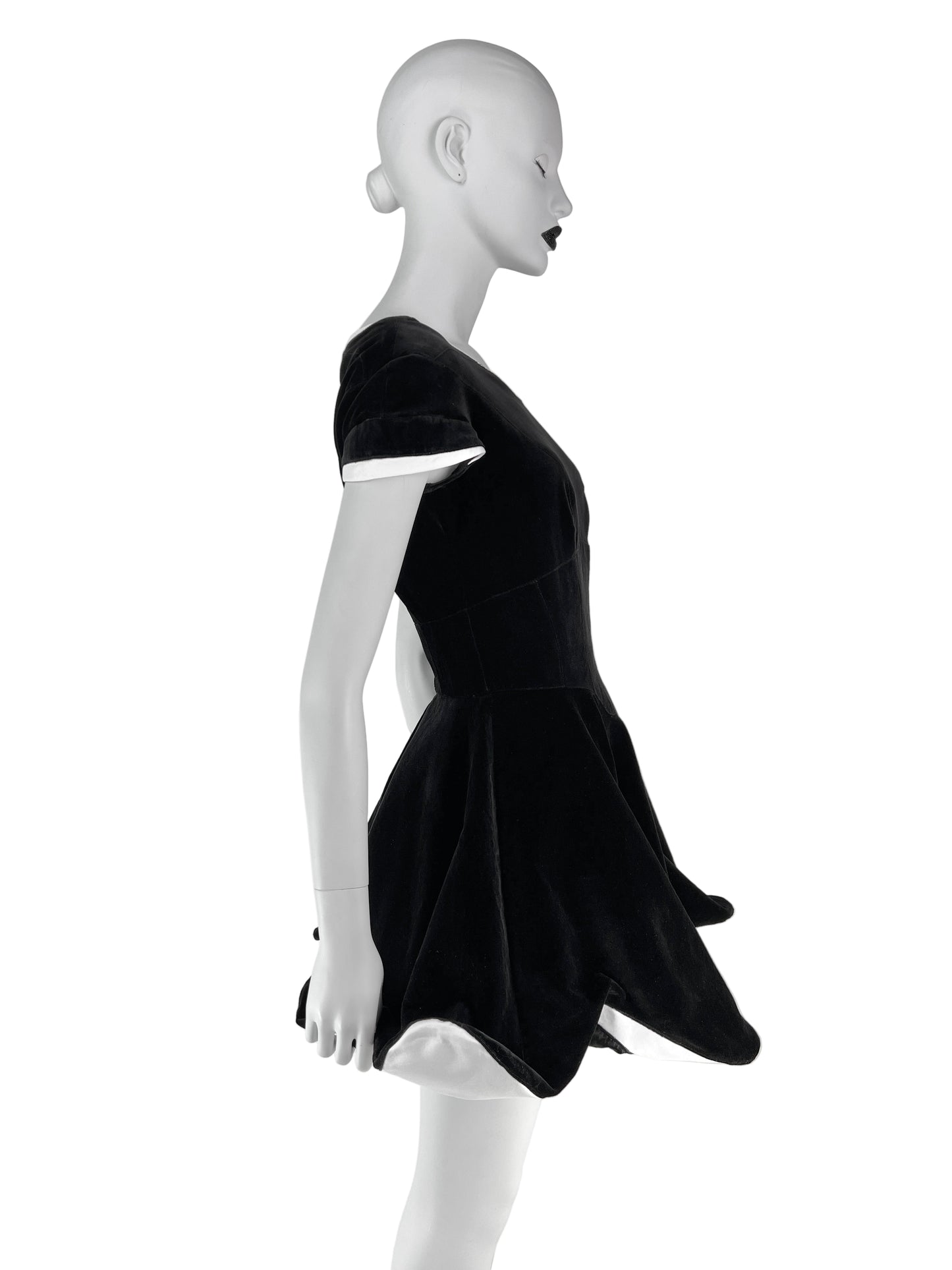 Thierry Mugler Fall 1994 Runway Velvet Dress with White Contrast Details