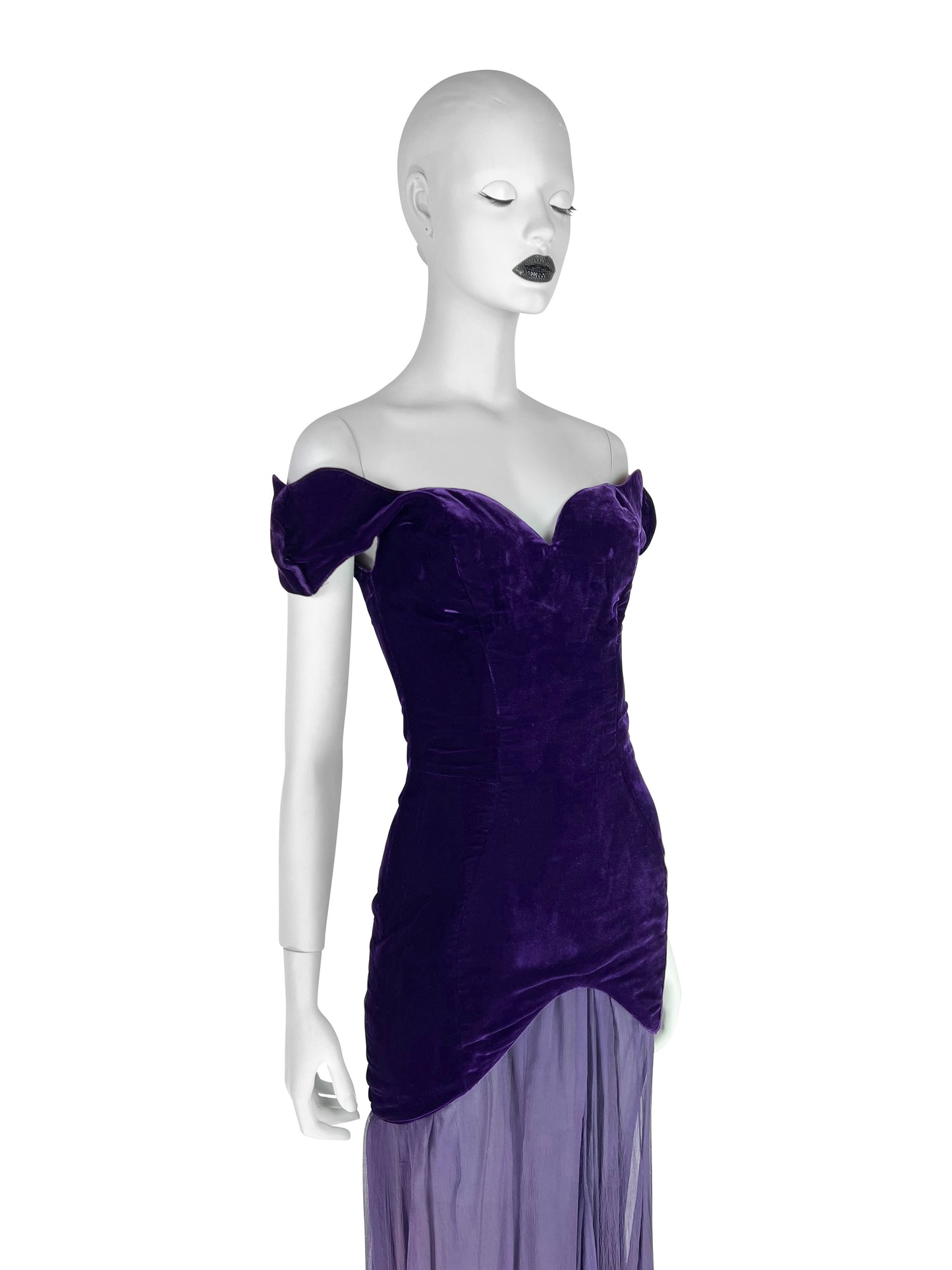 Thierry Mugler Circa 1980 Ultra-Rare Demi-Couture Velvet & Chiffon Purple Gown