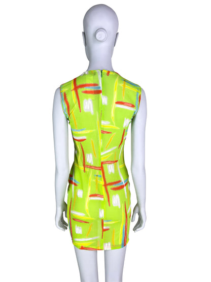 Gianni Versace Spring 1996 Neon Green Highlighter Print Silk Dress