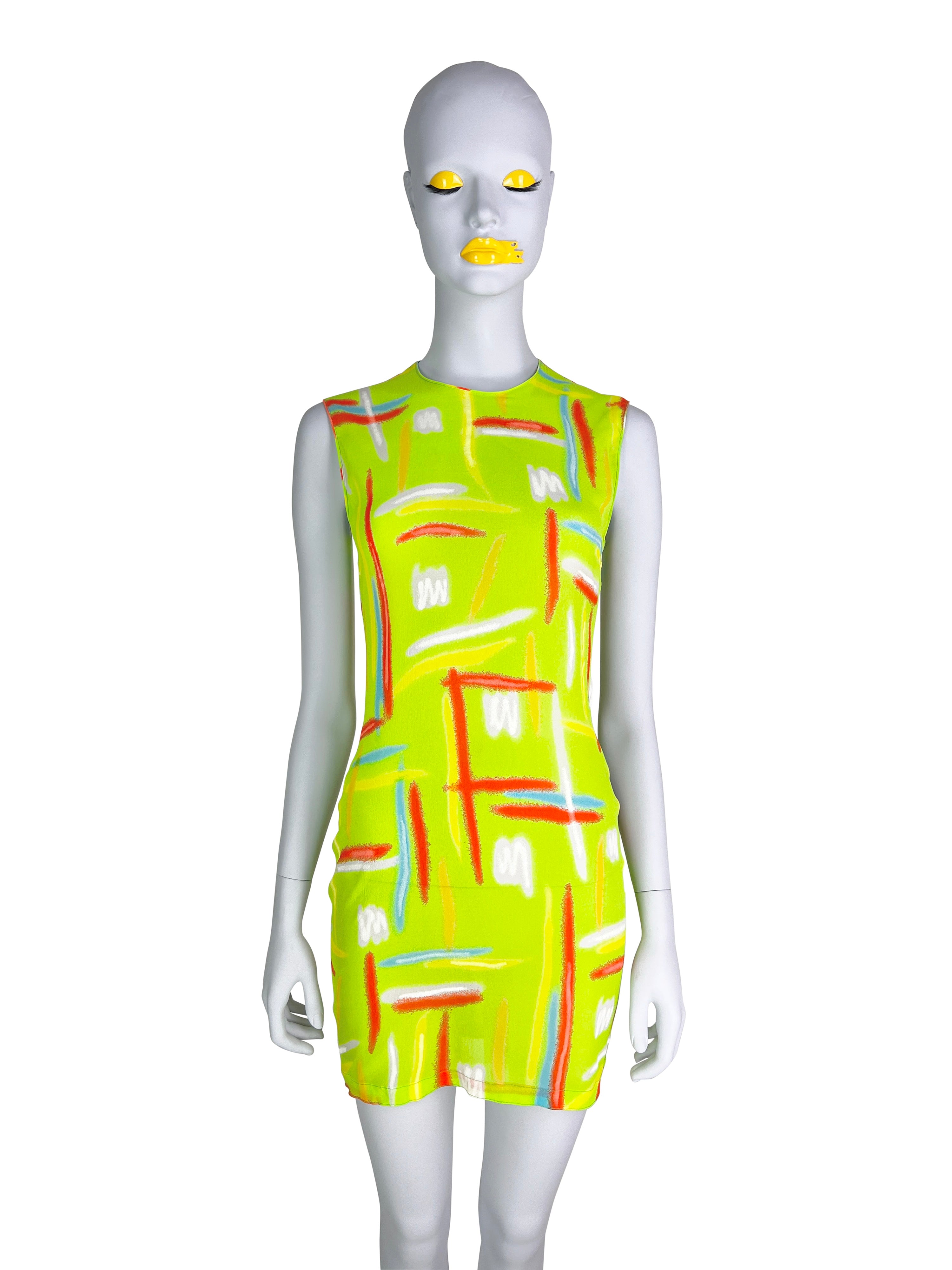 Gianni Versace Spring 1996 Neon Green Highlighter Print Silk Dress