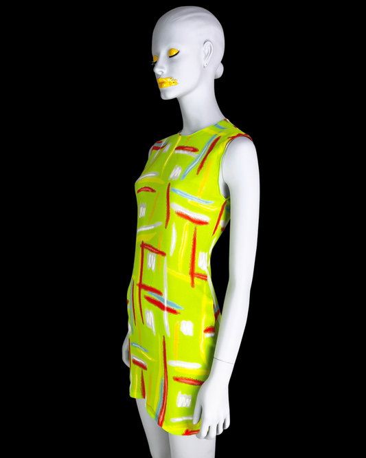 Gianni Versace Spring 1996 Neon Green Highlighter Print Silk Dress