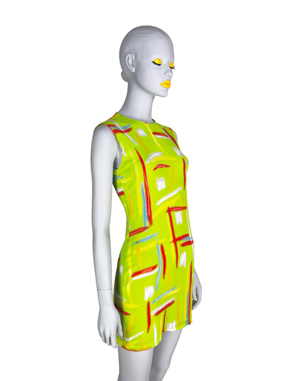 Gianni Versace Spring 1996 Neon Green Highlighter Print Silk Dress