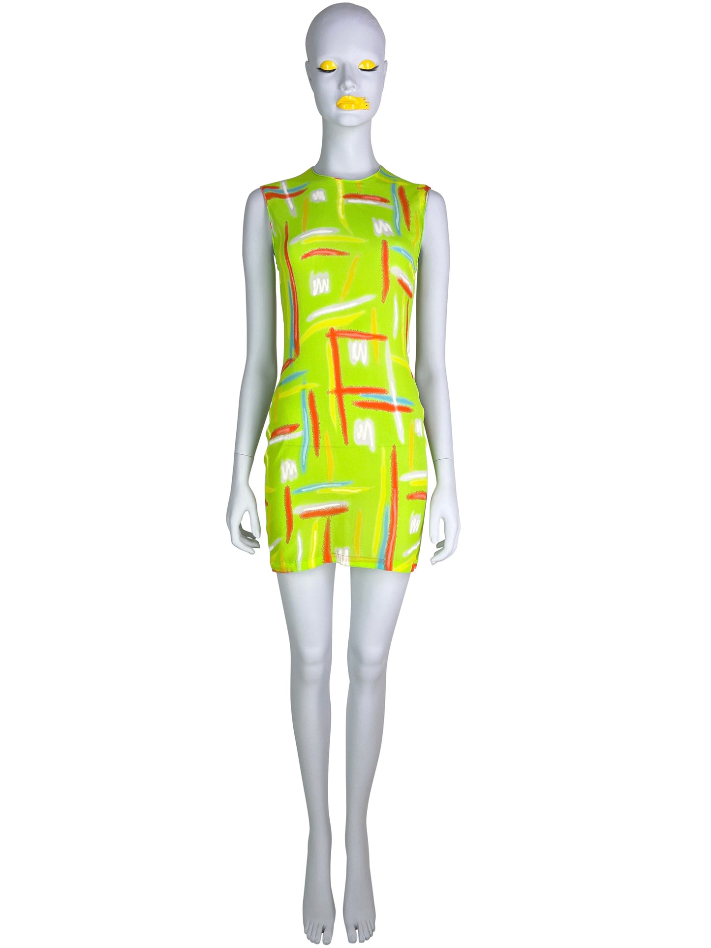 Gianni Versace Spring 1996 Neon Green Highlighter Print Silk Dress